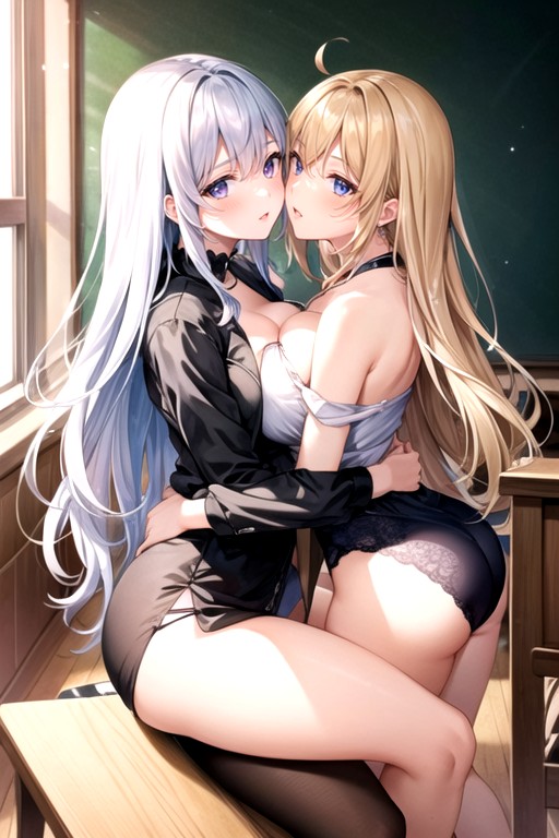 Blonde Haired Teacher, Lustful Eyes, 2 PersonasPorno AI Hentai