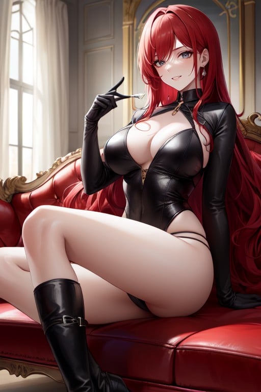 Penetrating Grey Eyes, Long Red Hair, Dd BreastsAI黄漫