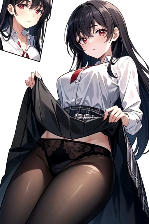 Lifting Skirt Showing Panties, Torn Pantyhose, White Long Sleeved ShirtPorno AI Hentai