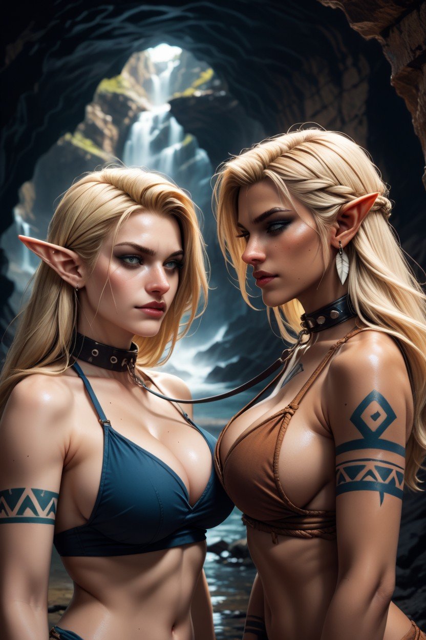 2 Personas, Drow Dark Elf Eboney Skin Tribal Tattoos In Cave Holding Beautiful Blonde Human Woman Prisoner On Collar And LeashPorno AI