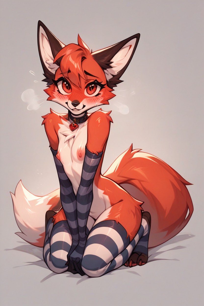 Anthro Red Fox Woman Cartoon Detail On Knees View From Back Ass Striped Long Gloves Striped Stockings Big Eyes Blush Errtet Body Really Nipples Cartoon Detail Big Eyes Blush Errtet Body Really Full Body View Digitigrade LegsAIポルノ