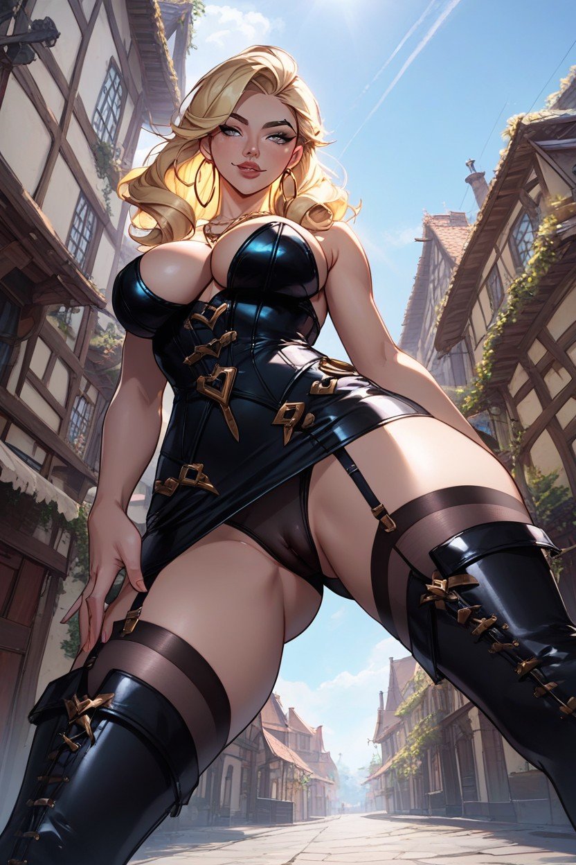 Cleavage, Blue Locks, Black Leather Corset With Gold Details Hentai AI Porn