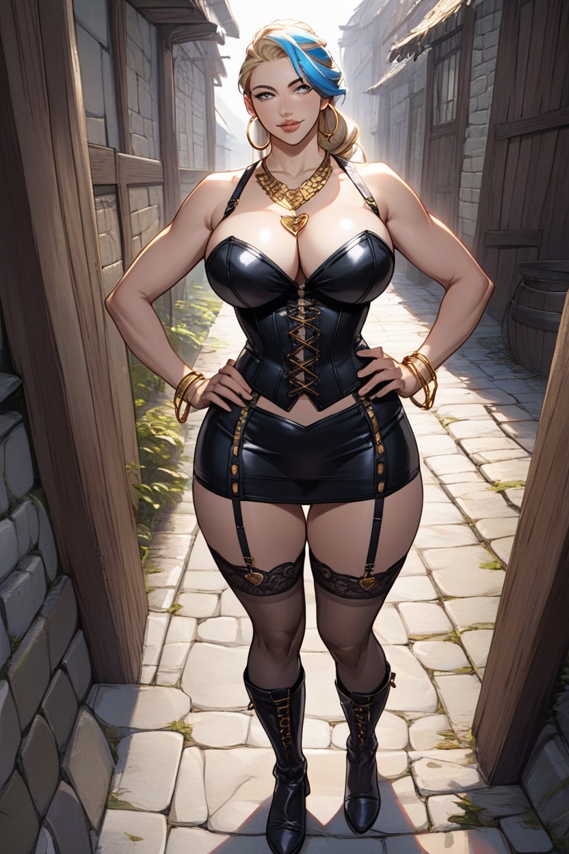 Low Black Leather Corset, Blue Highlights, Dwarf Hentai AI Porn