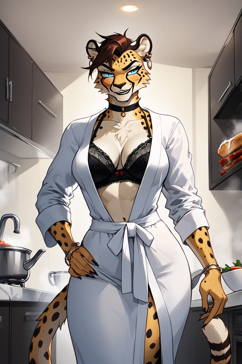 Which Emphasizes The Color Of Her Eyes, 正面視圖, She Stands In Her Own Kitchen In Light SlippersAI獸人黃片