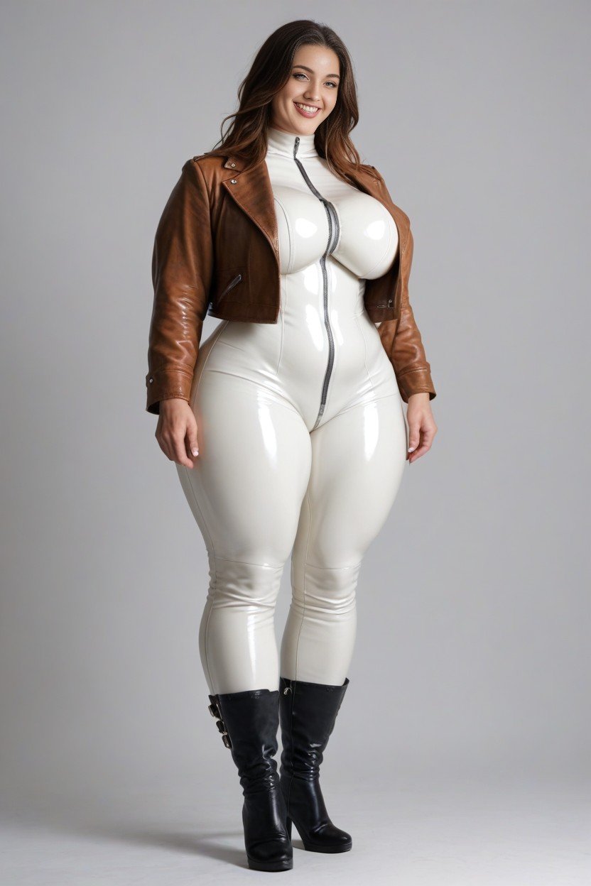 Black Thigh-high Leather Boots, White Rubber Bodysuit, 20sPorno IA