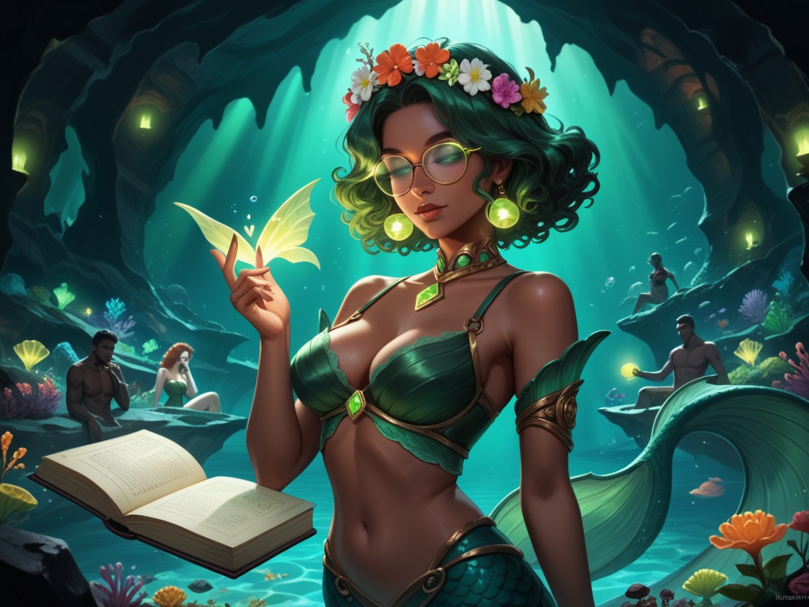 Curly Hair, Underwater Library, Dark Brown Skin Hentai AI Porn