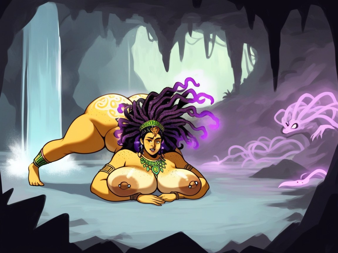 Wearing Purple Lizard Clothes, Purple Glowing Freckles On Face, Permed Hair AI Porn