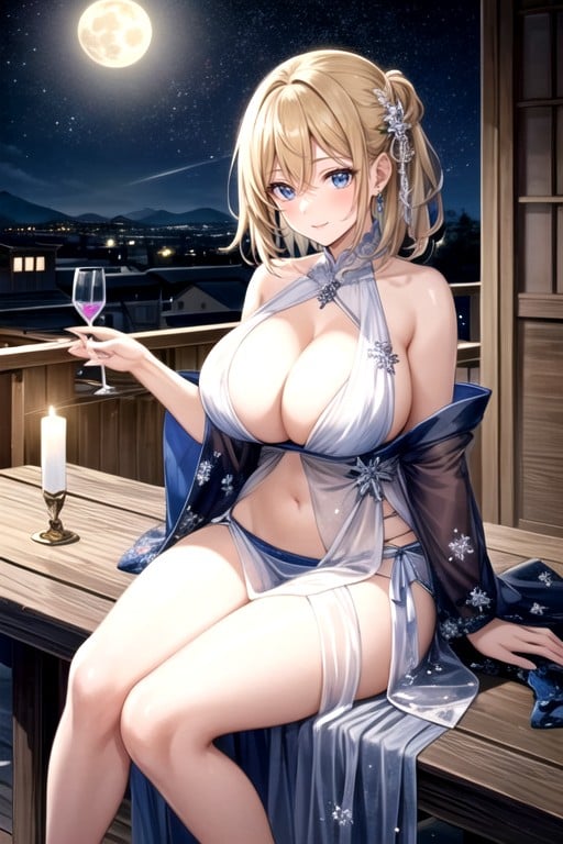 Sitting On Rooftop Of Own Home, See Through Negligee, Blonde HairAI黄漫