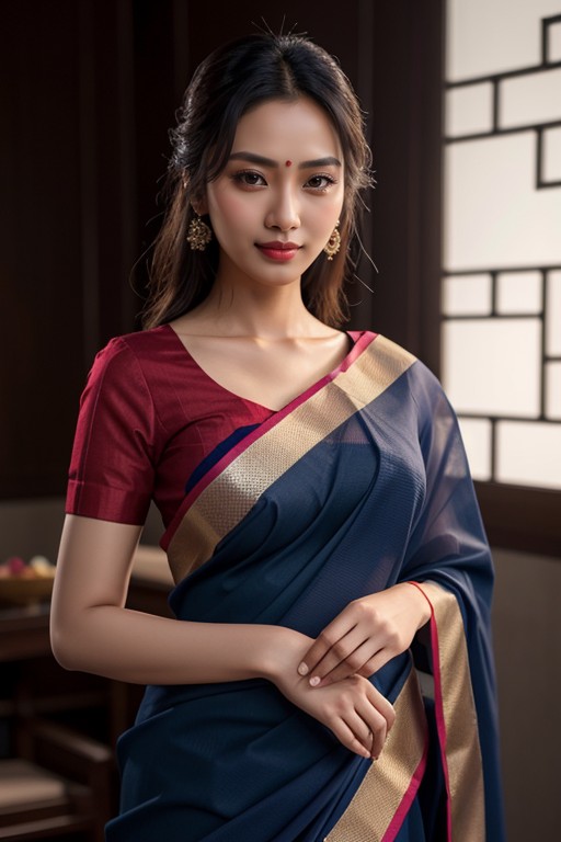 Red Blouse, Navy Blue Saree, アジア人女性ニューハーフAIポルノ