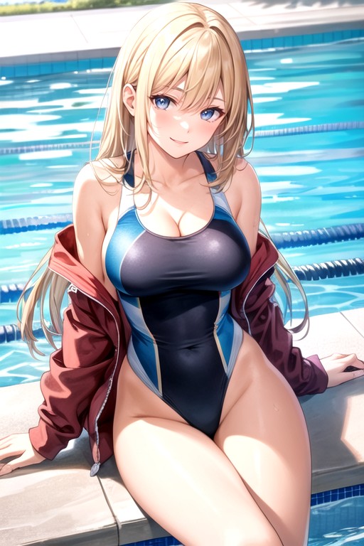 Break Red Competitive Swimsuit, Highly Detailed, Break SittingPorno IA de transexuales