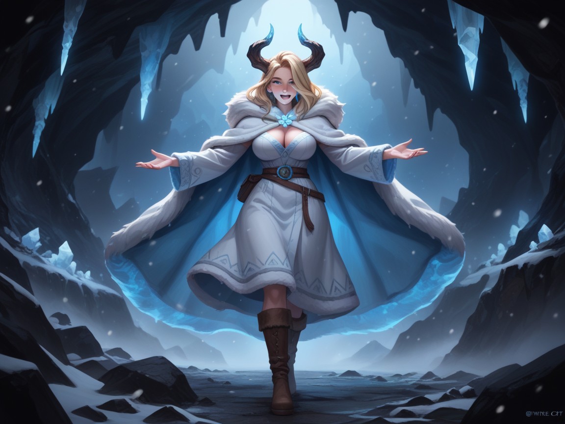White Fur Hooded Cape, Arms Spread, Monster Woman Hentai AI Porn