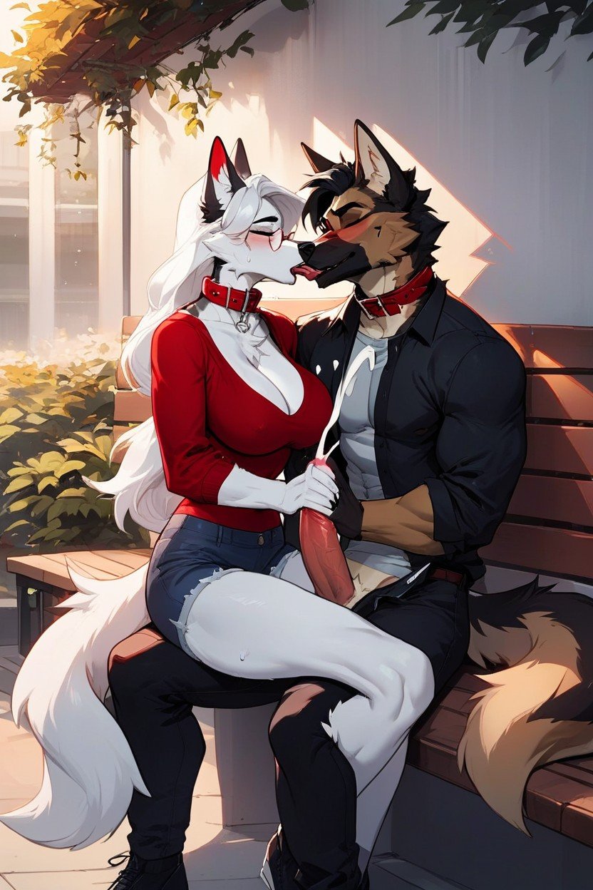 Female Gray Husky With Loose White Hair Giving A Handjob For A German Shepherd With Black Hair While Sitting On A Bench And Kissing, Huge Cumshot, Half Dressed퍼리 AI 포르노