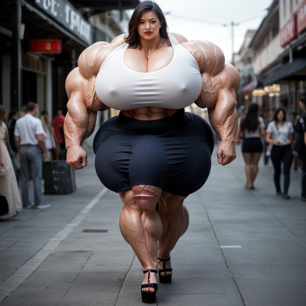 Station Platform, Tight Skirt, Hyper Giant Muscles Shemale AI Porn