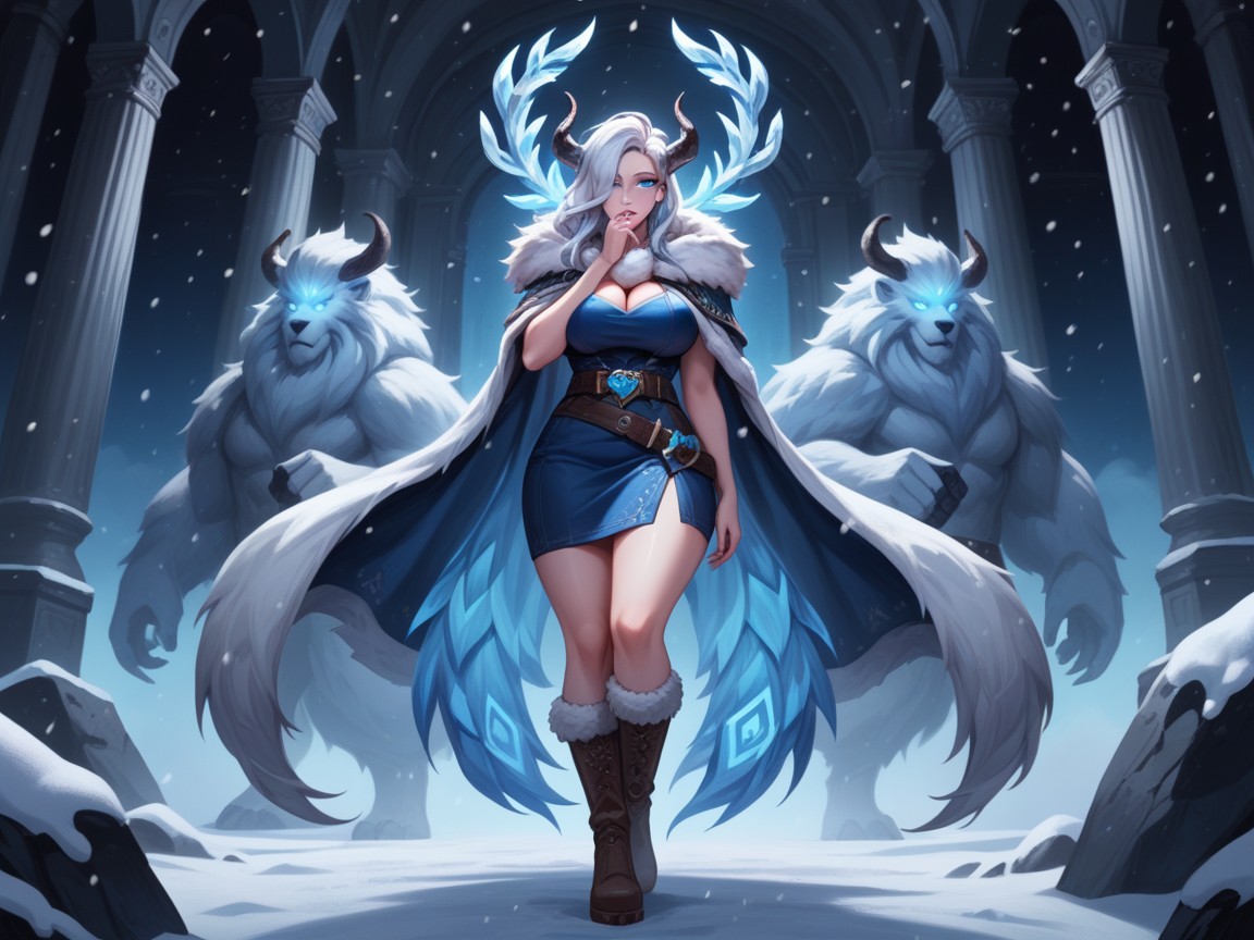Wearing Blue Fur Clothes, White Hair, Full Body Hentai AI Porn