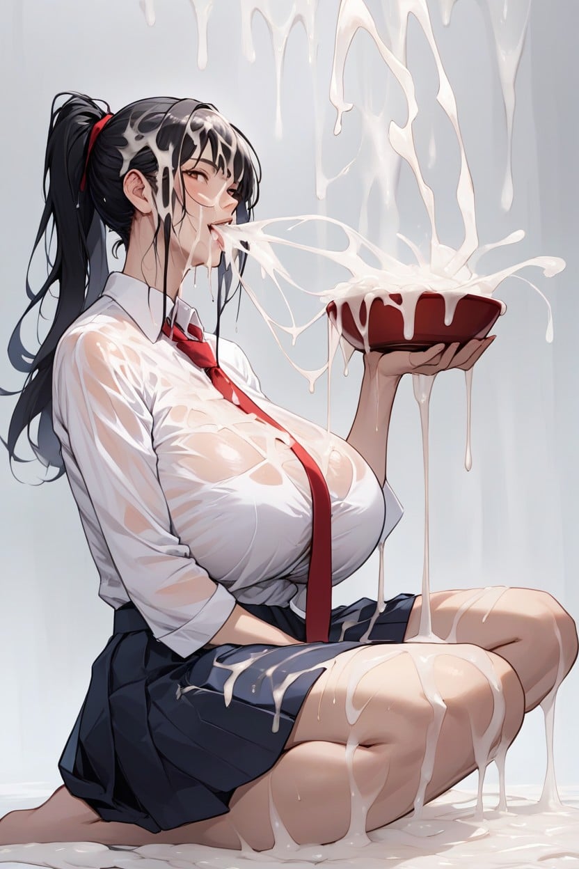 Black Hair, Ponytail, Cum On Tits AI Porn
