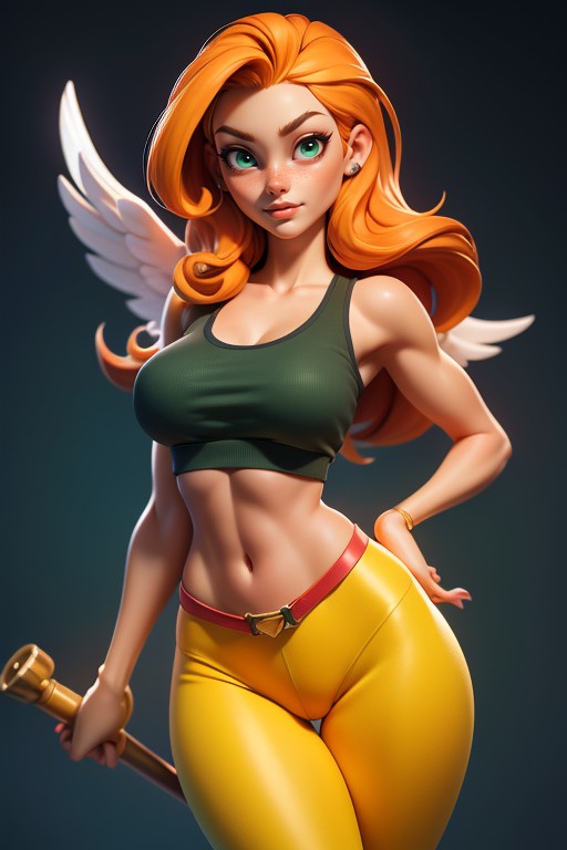 Dark Green Leggings, Curvy Hips, Two Enormous Angel Wings On Her Upper Back AI Porn