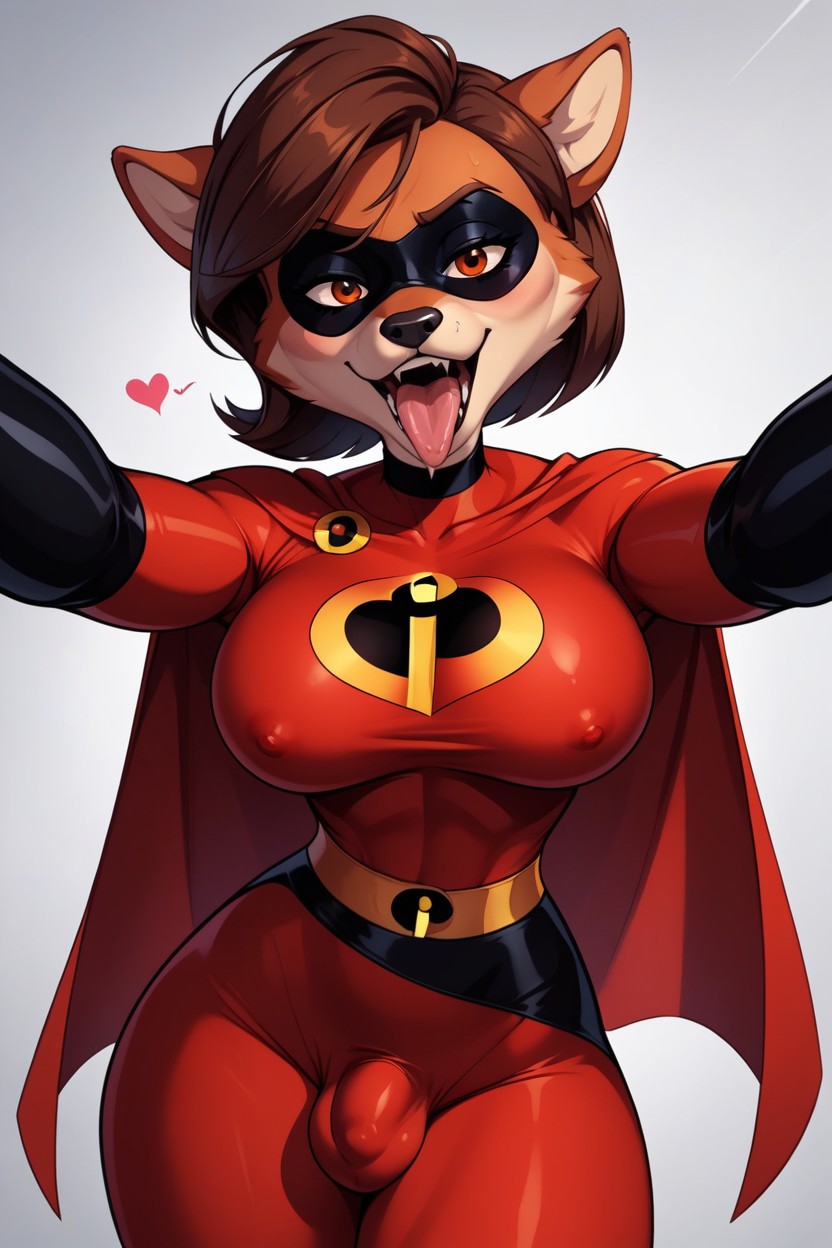 Skinny, Superhero, Elastigirl From Incredibles Futanari Gets Blowjob Taker Pov Cock Bulge Red Suit Brown Hair Side Bob Shaped Like A Curved Heart Furry AI Porn
