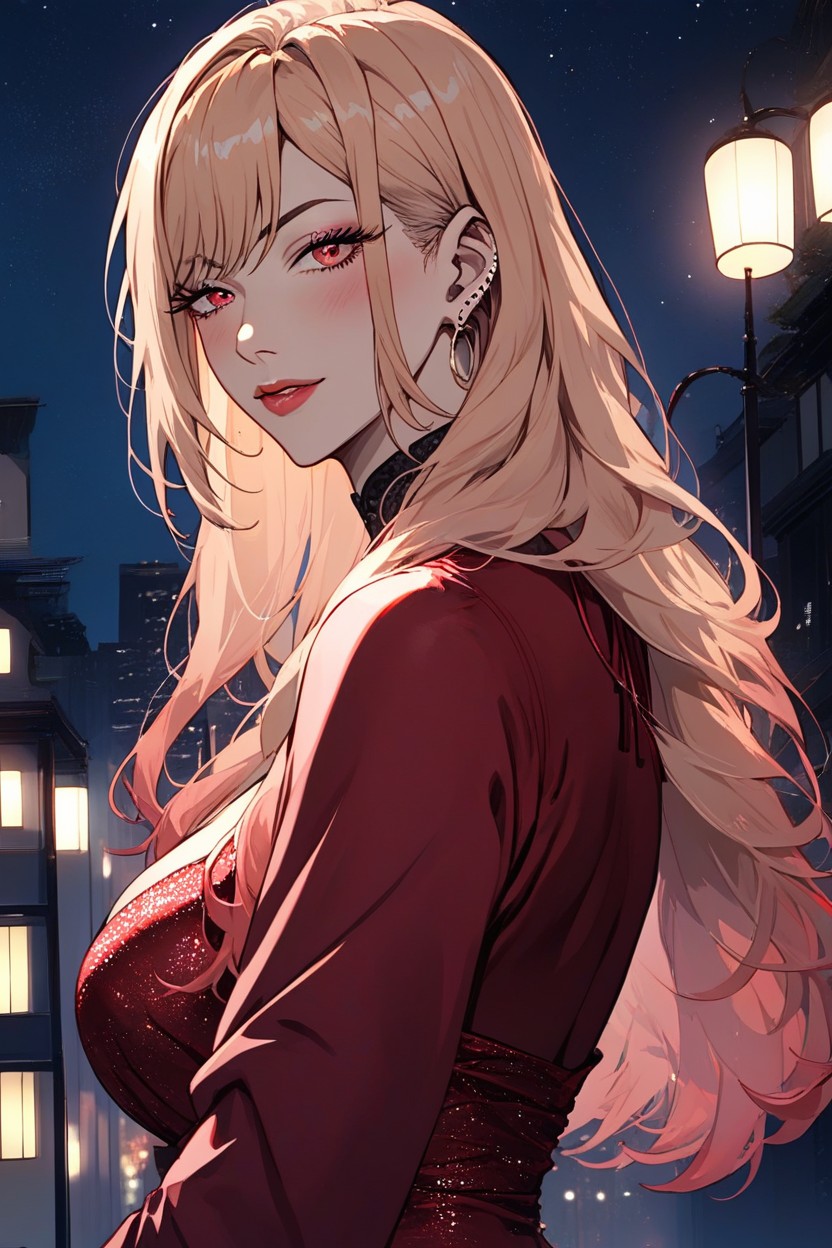 Bust Shot, Red High Heels, Night City View BackgroundAI 포르노