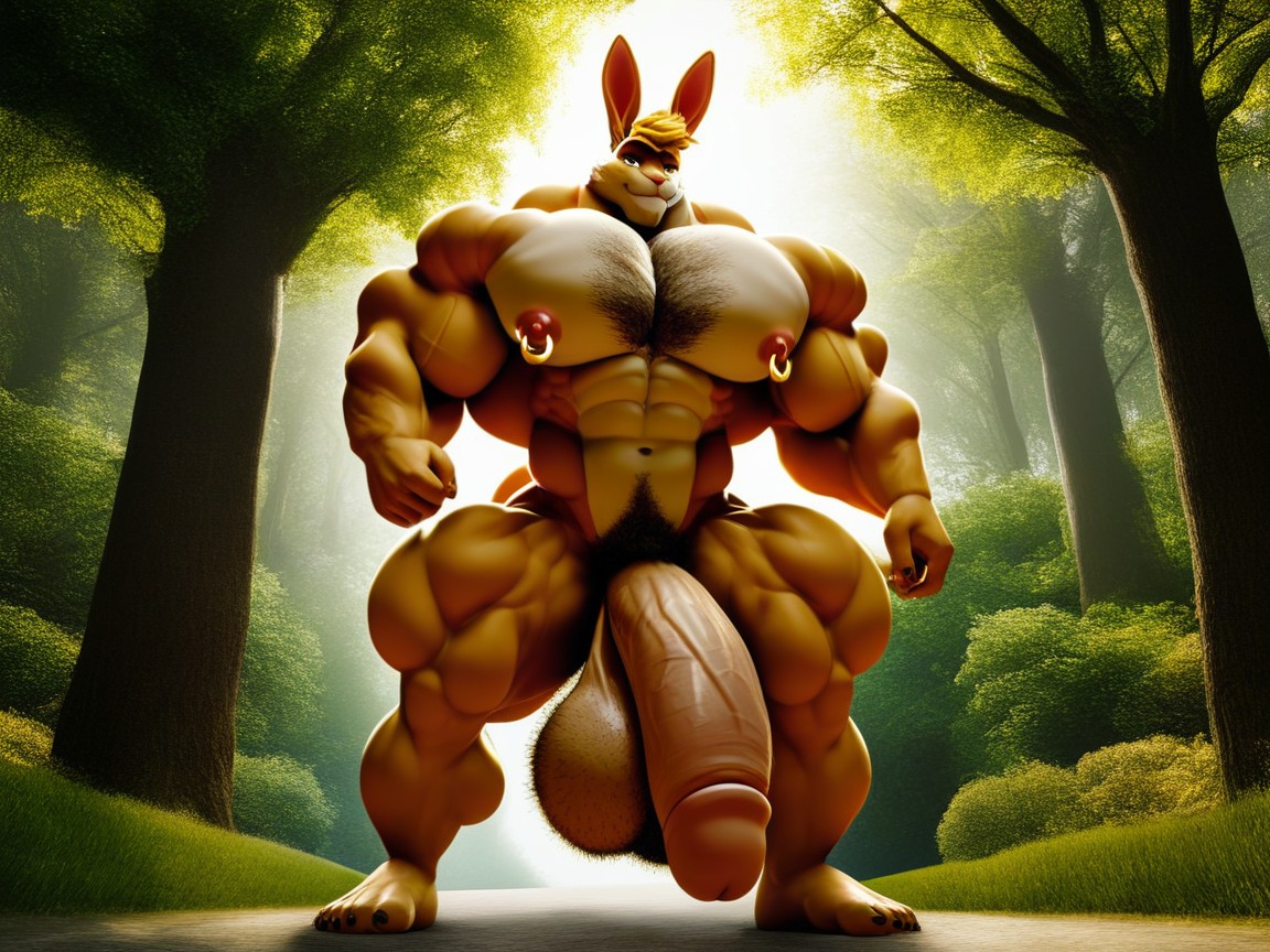 Throbbing Erection, Gigantic Hairy Muscular Hyperpectorals With Meaty Nipples, Hairy Balls Furry AI Porn