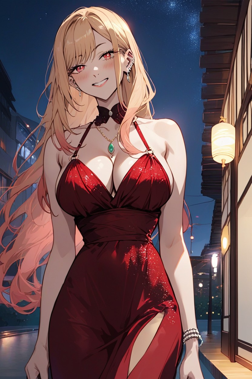 Kitagawa Marin From Sono Bisque Wa Koi Wo Suru, Night City Background, Red Evening Silk DressヘンタイAIポルノ