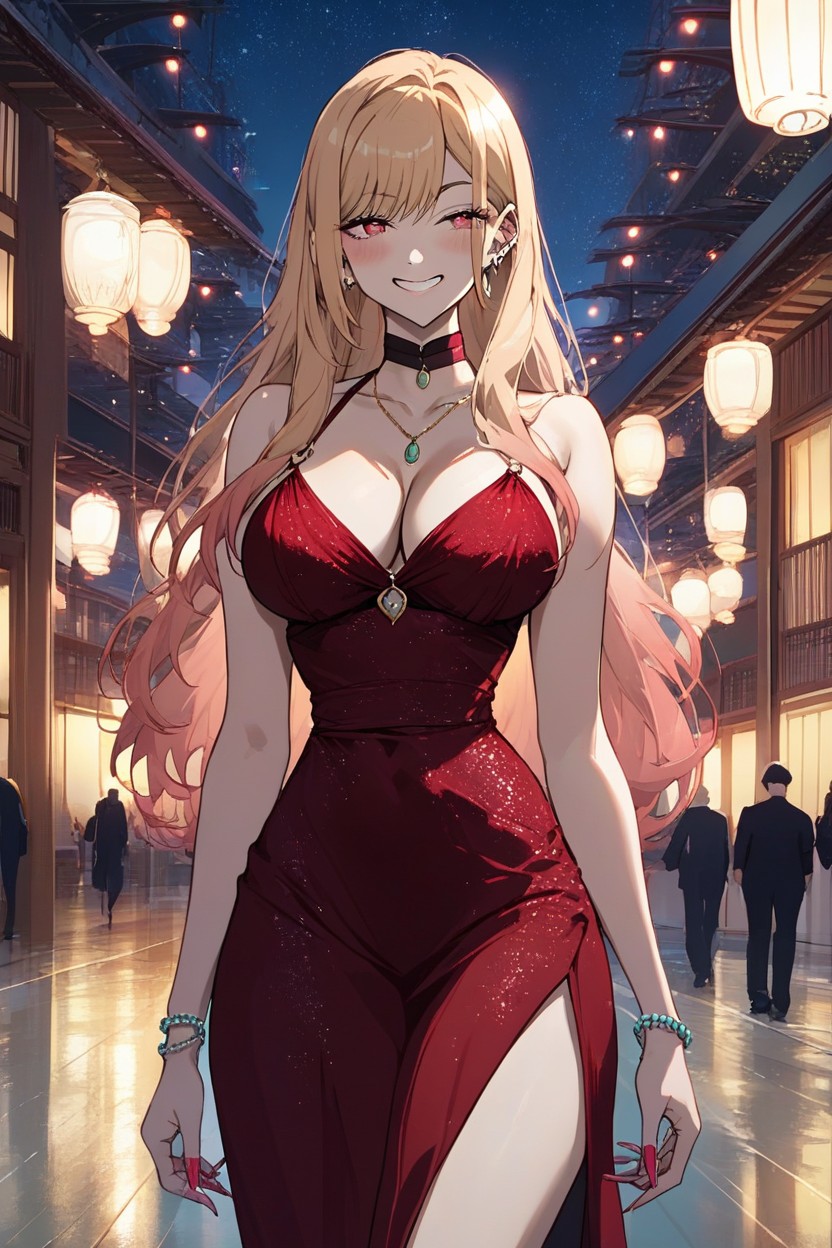 Red Evening Silk Dress, Kitagawa Marin From Sono Bisque Wa Koi Wo Suru, Waist ShotPorno AI