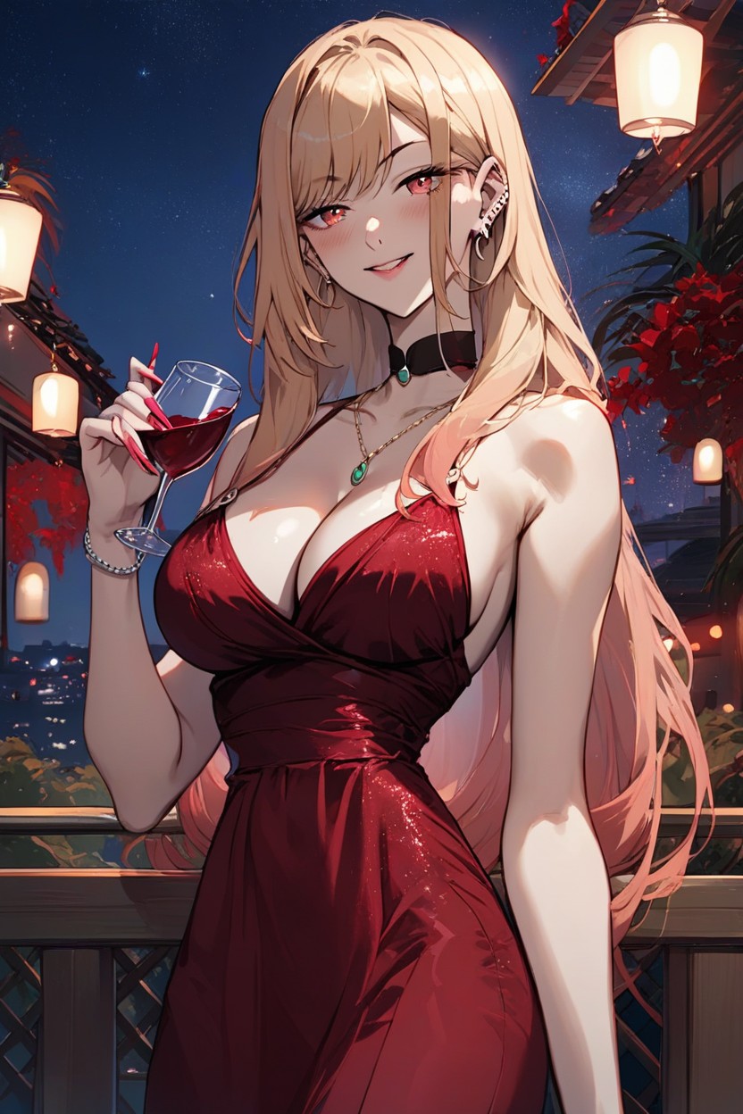 Drinking Red Wine, Red Evening Silk Dress, Kitagawa Marin From Sono Bisque Wa Koi Wo SuruPorno AI Hentai