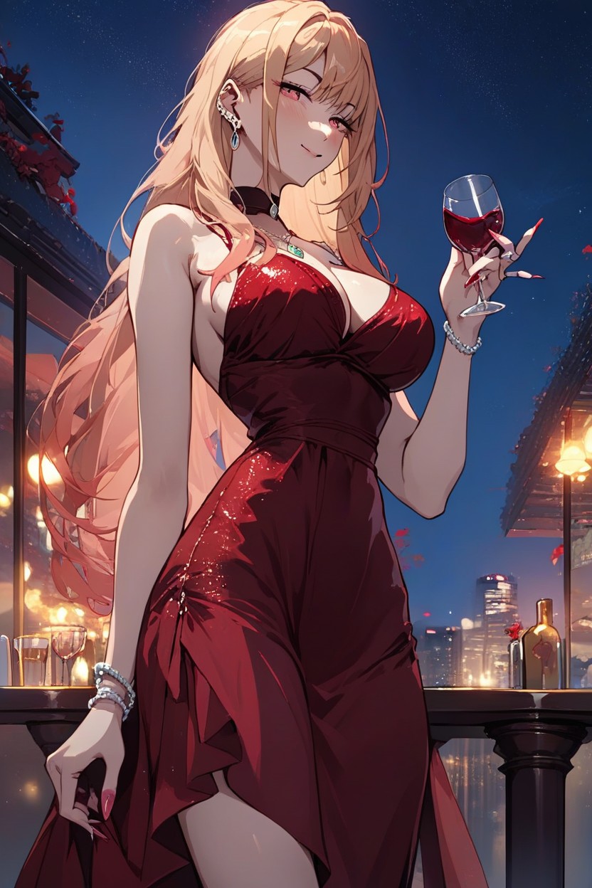 Waist Shot, Drinking Red Wine, Red Evening Silk Dress Hentai IA pornografia