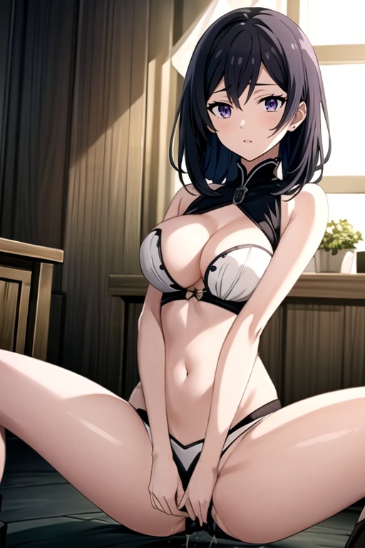 Black Hair, Purple Eyes, Navel Exposed AI Porn