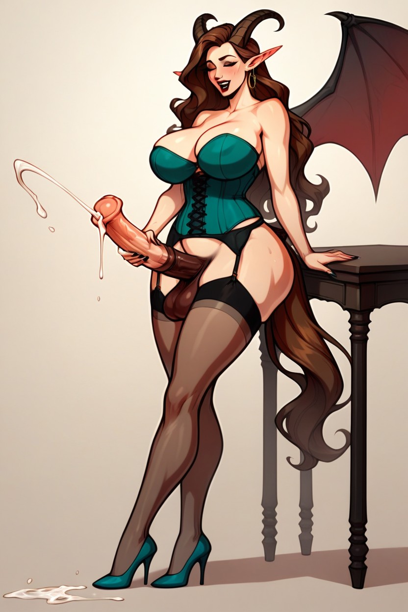 Goat Horns, Teal Corset, Futanari With CocksPorno AI