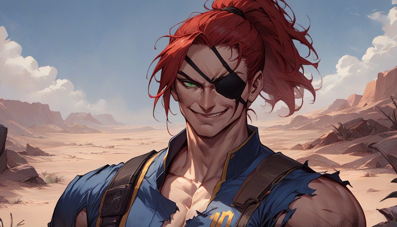 Bust Shot, One Woman Fallout Vault Red Hair Green Eyes Ponytail Eye-patch Wasteland Ruin, Torn Clothes AI Porn