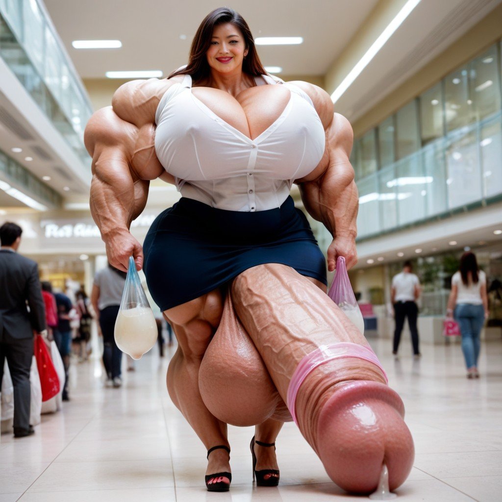 Mall, Vista Frontal, Hyper Gigantic Massive Penis Travesti IA Pornô