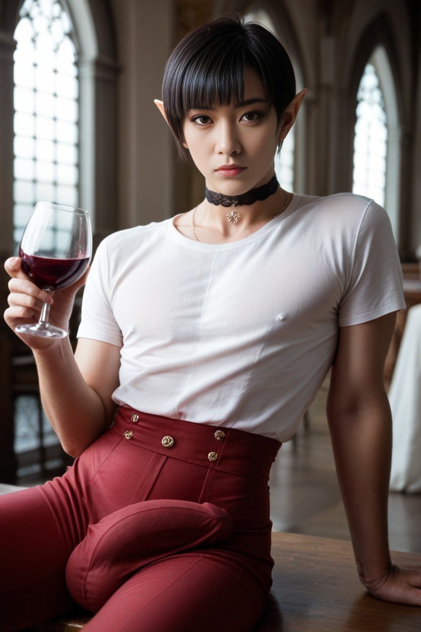 Big Red Eyes, White Noble Shirt, Drinking WineAI 포르노