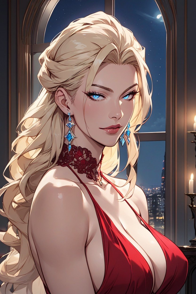 Red Silk Evening Dress, Japanese, Night City Background AI Porn