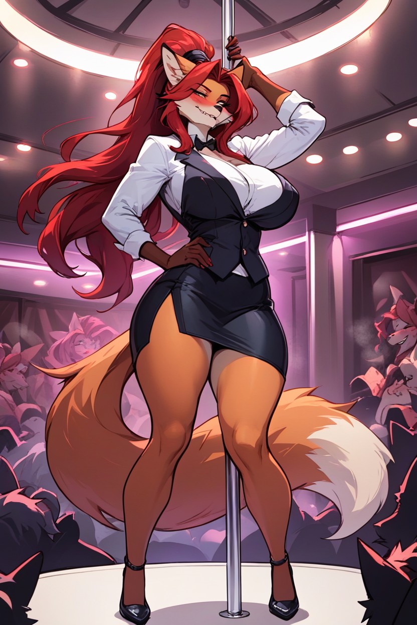 Anthropomorphic Fox Woman, Cabelo Longo, Maliciosa (sorrindo Enquanto Ruborizada) Pornografia de IA