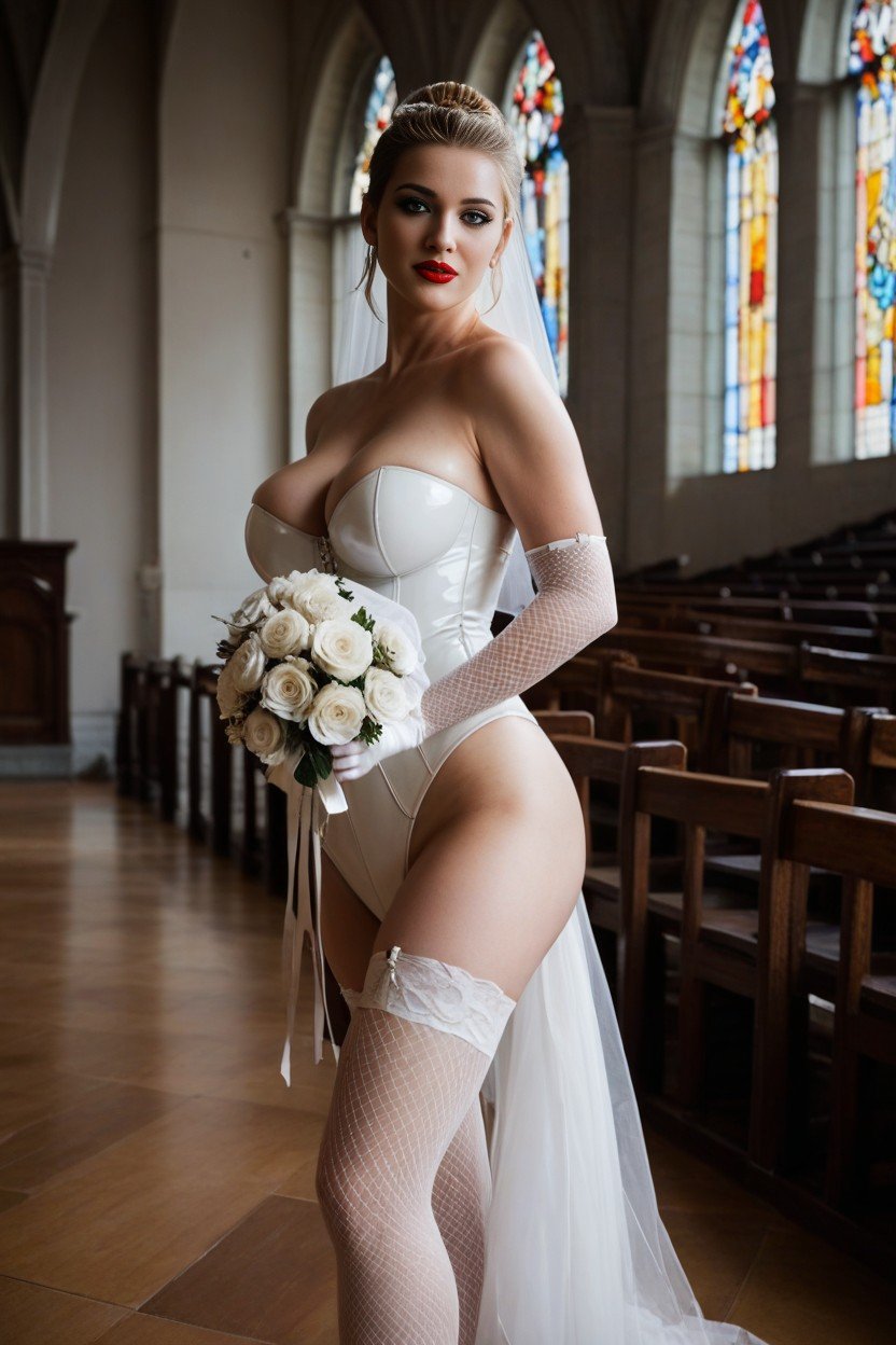 Bride, Bright Red Lipstick, White Latex CorsetPorno AI