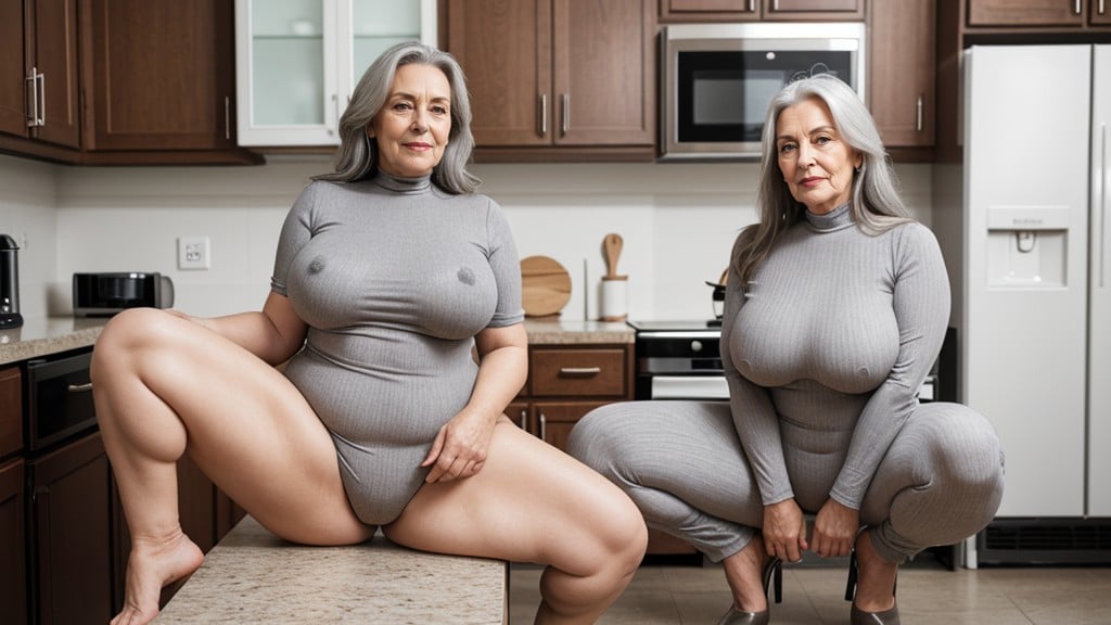 Large Breast, Gray Bodysuit With High Neck, Long Length AI Porn