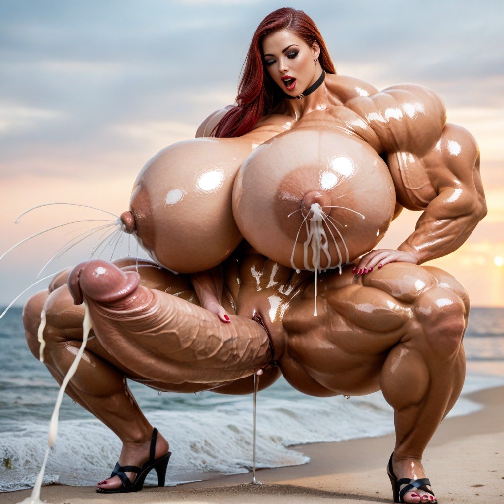 しゃがむ, On Beach, Well Massive Pump Up Gigantic Enormous Saggy Perfect Round Breasts VixenファーリーAIポルノ