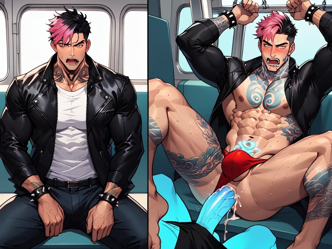Tattoo, Pink Hair, Red Thong AI Gay Porn