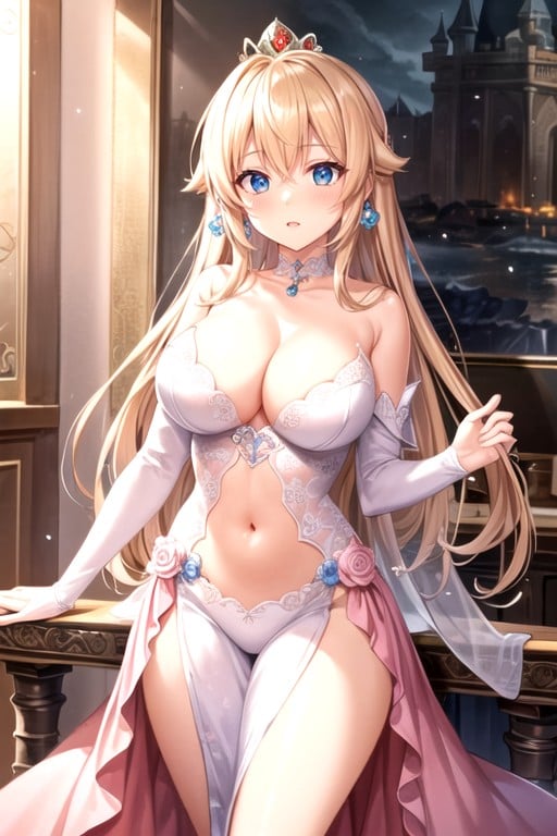 Navel Exposed, Princess Peach (super Mario Bros), White Wedding Dress Hentai AI Porn