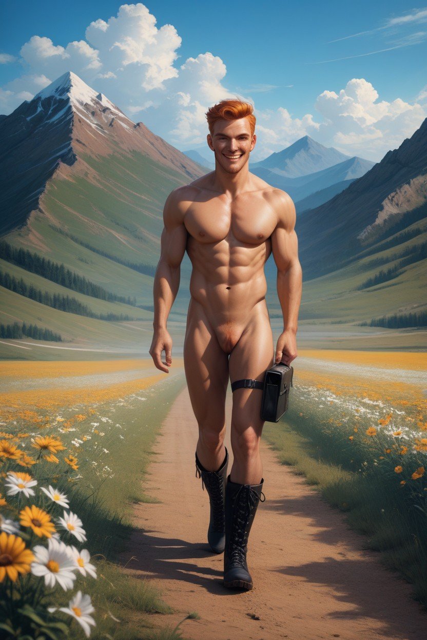 Blue Sky, Walking Through Field, Naked Ginger AI Porn