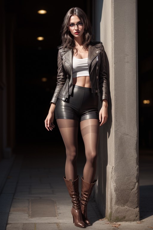 Leather Jacket, Transparent Tights, Boots With Heels Pornografia de IA