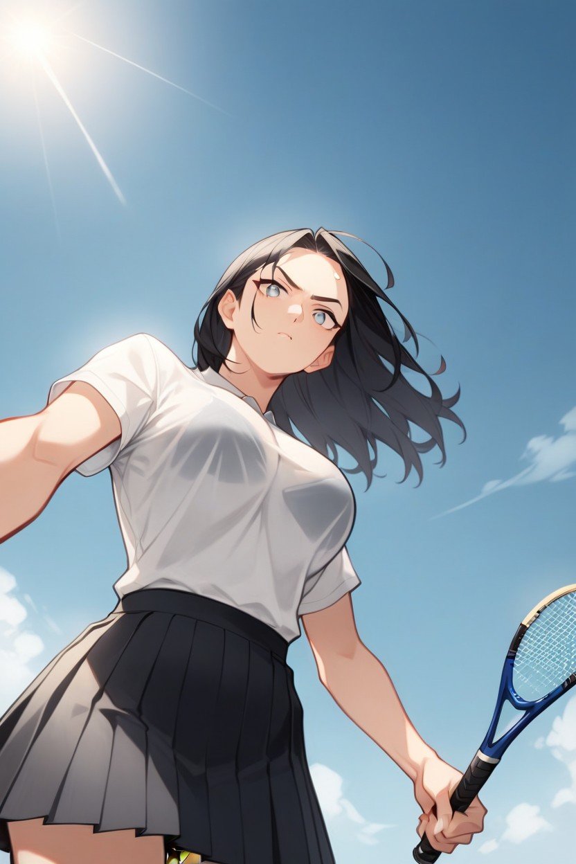 正面視圖, Her Bra Barely Visible Through T Shirt, Tennis Racket In Her HandAI黃片