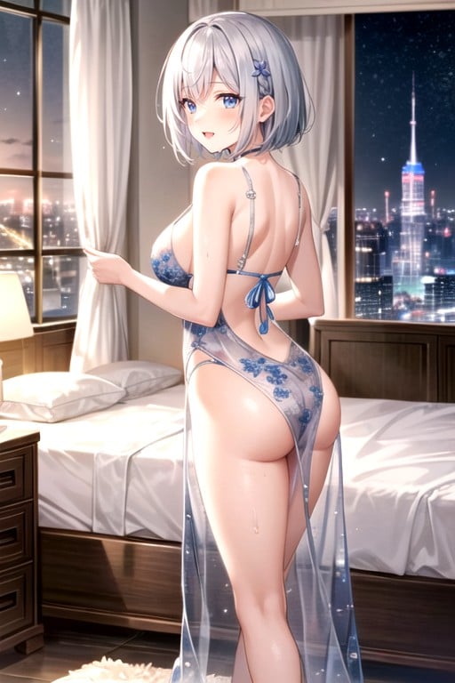 Straight Bangs, Wearing Detailed Gorgeous Sheer Sexy Cutout Floral Silver Lingery, Standing By Bed人妖AI色情