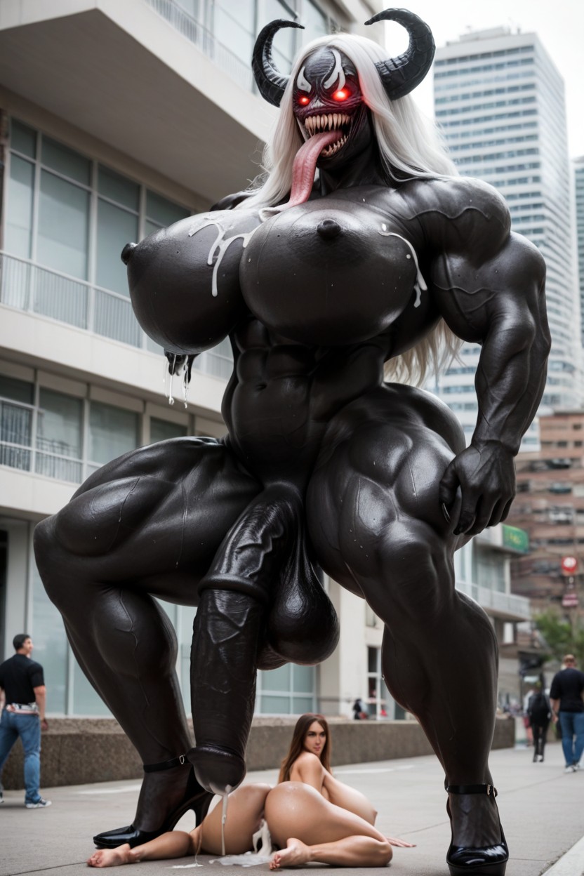 Woman Bigger Than City, Red Eyes, Hyper Black Pony Cock Shemale AI Porn