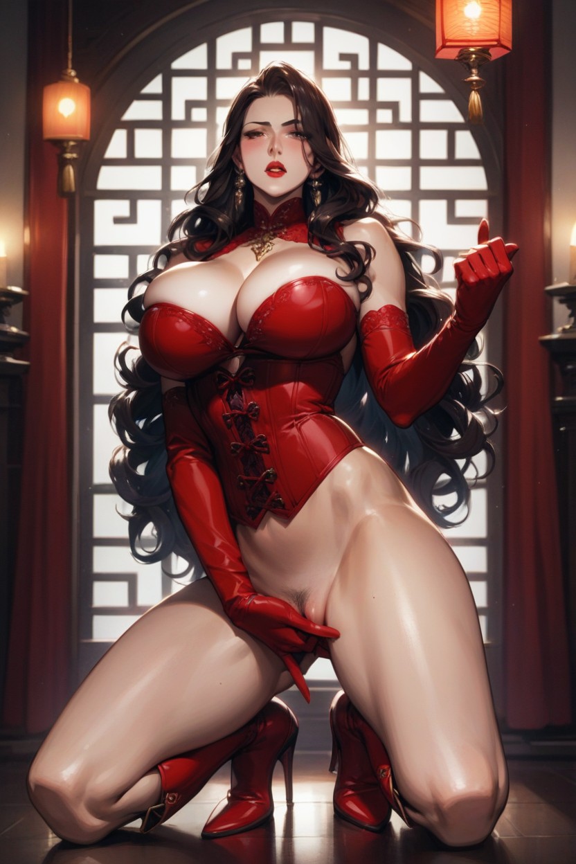 Large Ass, Red Corset, One Hand Squeezing Breast Pornografia de IA