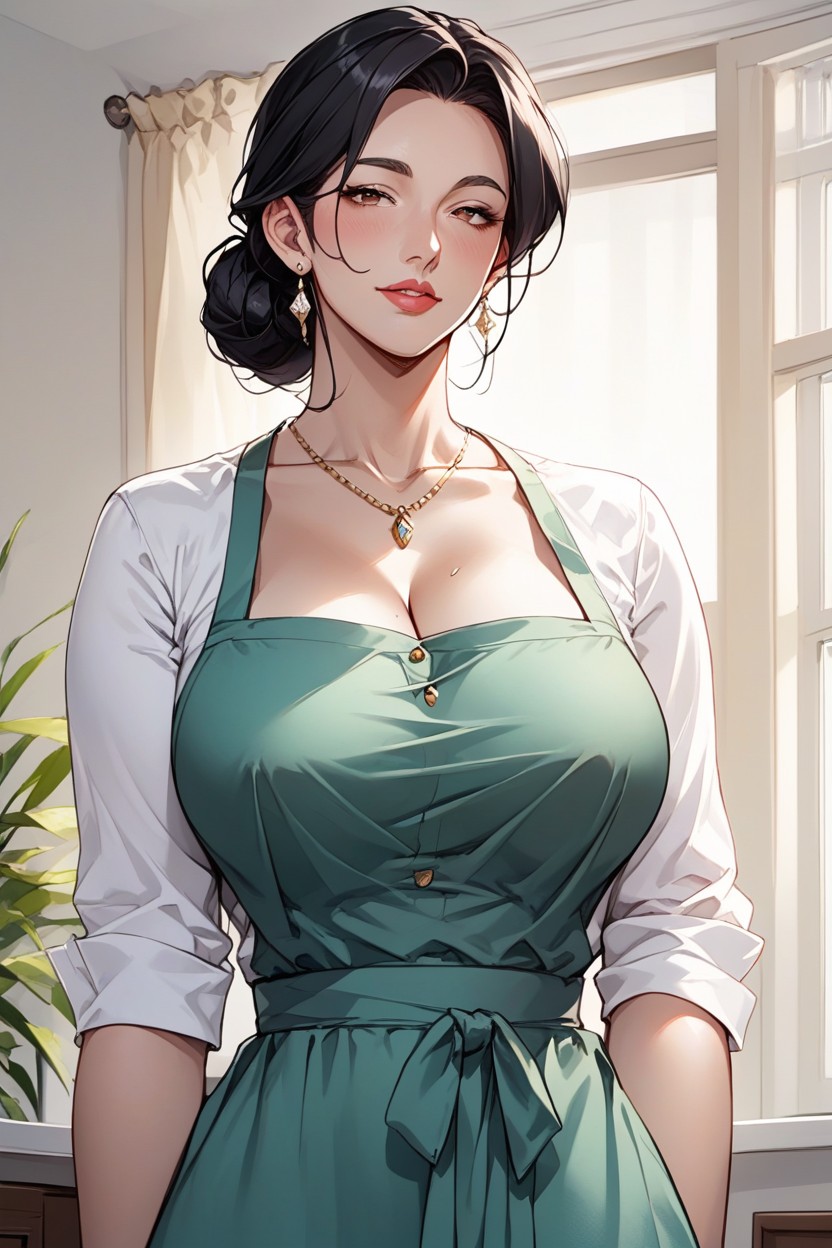 50+, Hentai Anime Milf Step Mom Character Milf Mature Innocent High Resolutio Sexy Woman Mature Woman Black Hair Straight Hair Low Hanging Bun Hai Beautiful Perfect Eyes Perfect Face Score Score Up Score Up Resolution Sexy Coloured Brown Eyes At Night Green Dress Floral With Flutter T Shirt Sleeves Apron, Standing Pornografia de IA