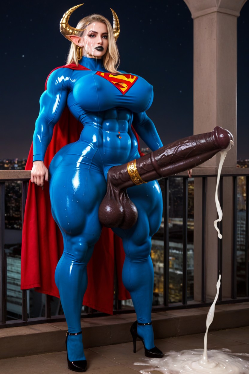 Superman Bodysuit, Red Eyes, Gigantic Black Penis Shemale AI Porn