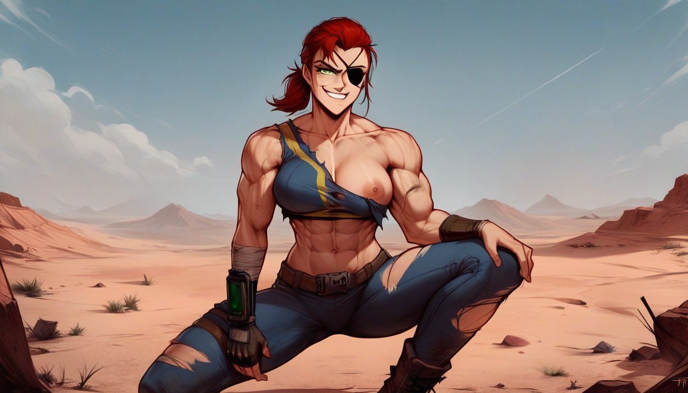 One Woman Woman Fallout Wasteland Vault Red Hair Ponytail Green Eyes Eye-patch, にやりと笑う, 衣服が破れるAIポルノ