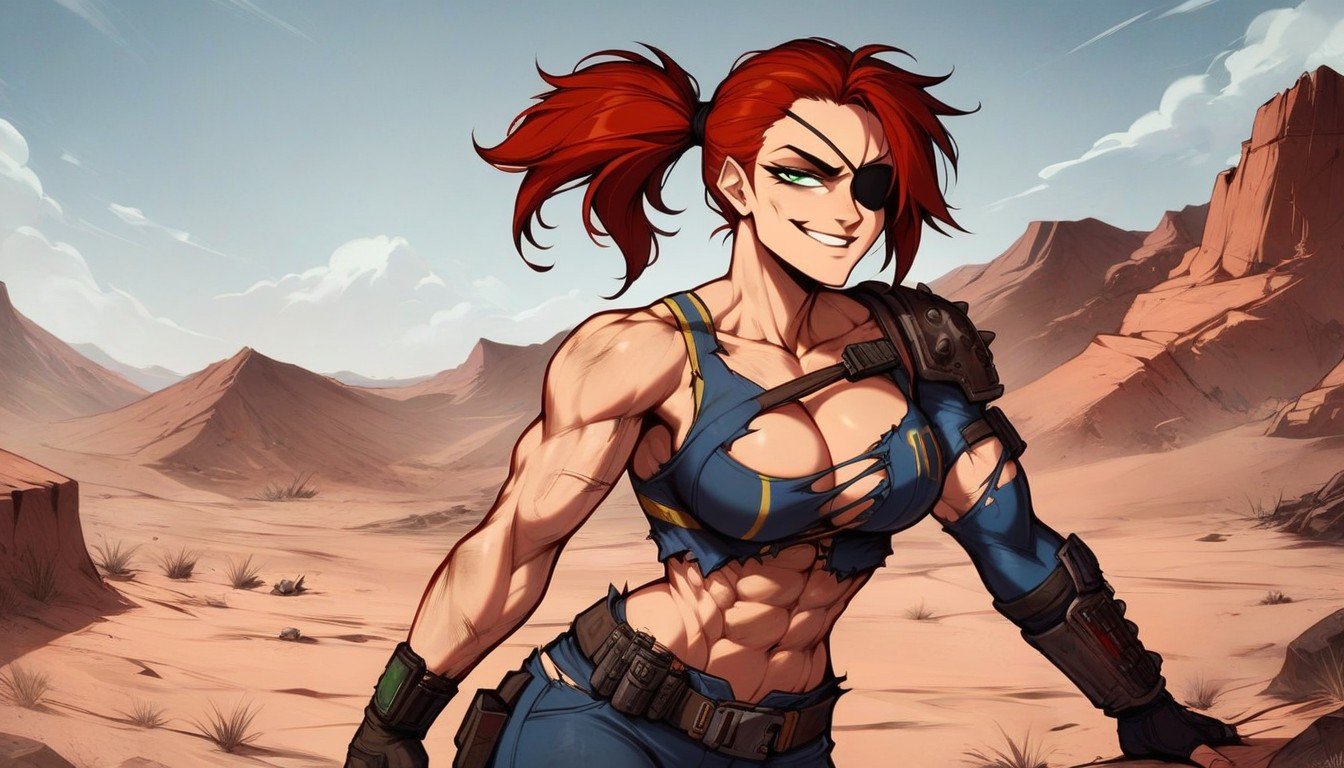 One Woman Woman Fallout Wasteland Vault Red Hair Ponytail Green Eyes Eye-patch, 미소 지으며 비웃다, 사막AI 포르노