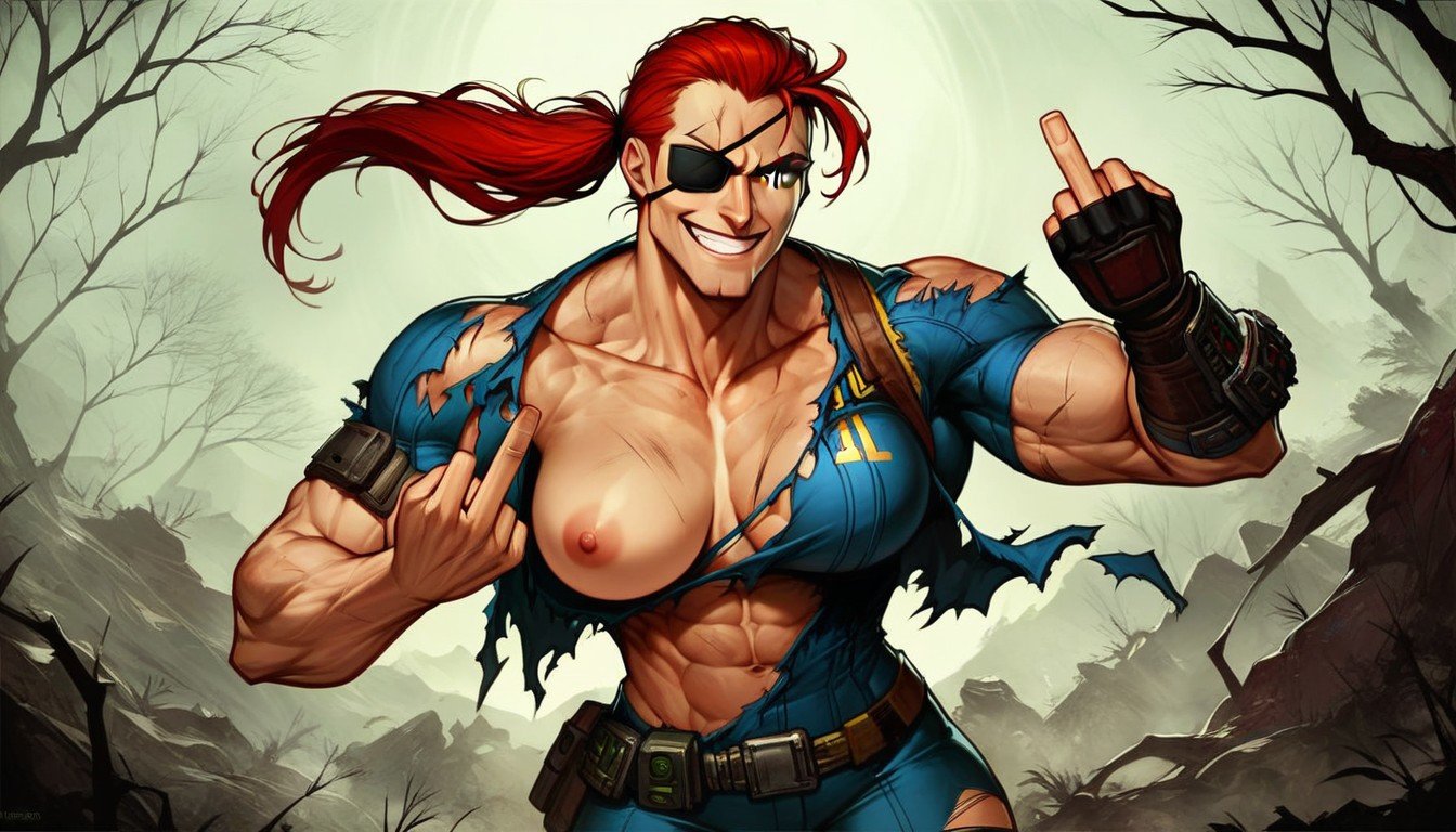 Roupas Rasgadas, Levantar O Dedo Médio, One Woman Woman Fallout Wasteland Vault Red Hair Ponytail Green Eyes Eye-patch Pornografia de IA